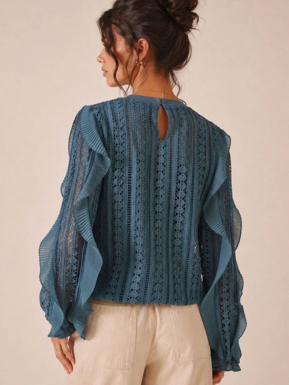 Calligraphie by Anthropology Women’s Ruffled Panel Blouse Teal Eyelet Lace S